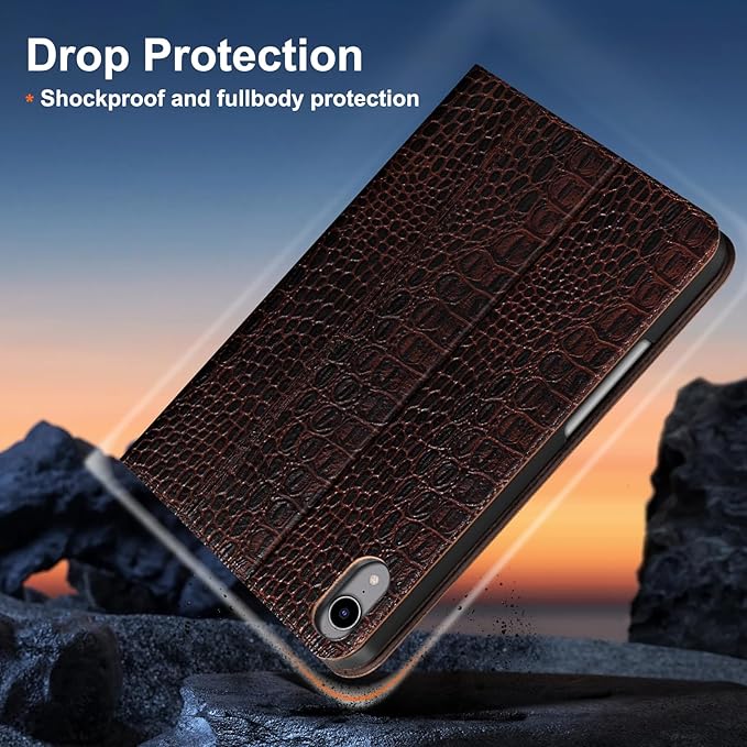 Gexmil Leather Case for iPad mini 7 (A17 Pro) 2024 / iPad mini 6 Generation 2021 8.3 Inch,Premium Cowhide Cover with Pencil Holder,Adjustable Stand, Auto Wake/Sleep,Brown Crocodile