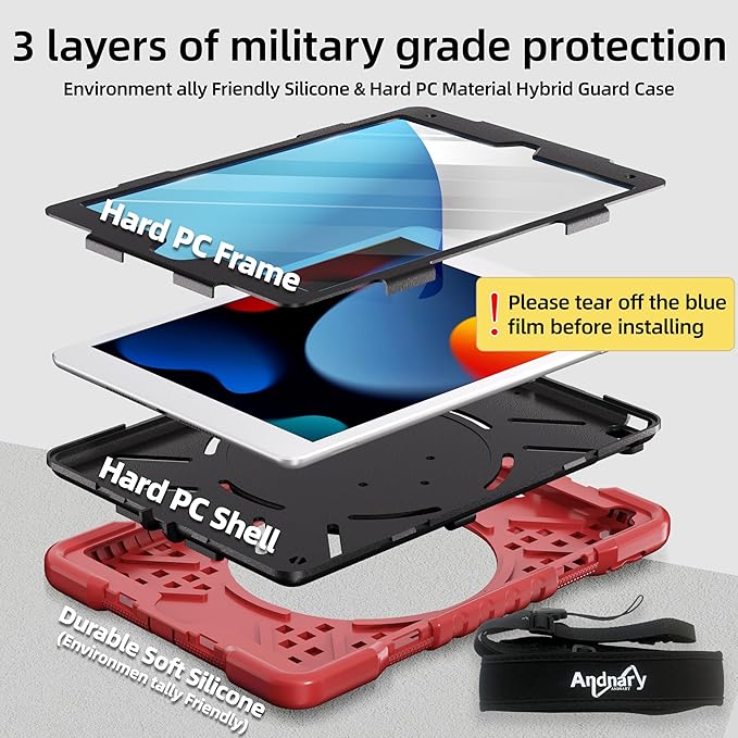 Andnary Case for iPad 9th/8th/7th Generation 10.2 inch, Shockproof Cover with Screen Protector/360° Rotating Handle/Bracket/Pen Holder/Shoulder Strap, Kids Case for iPad 2021/2020/2019 (Red+Black)