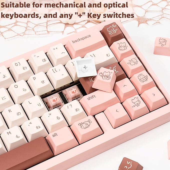Cute Marshmallow Keycaps 134keys - PBT Cherry Profile Japanese Keycap - Five-Side Dye-Sublimation Pink & Off-White Keycaps Set Compatible with 60% 65% 75% TKL 104/108 Mechanical Keyboards