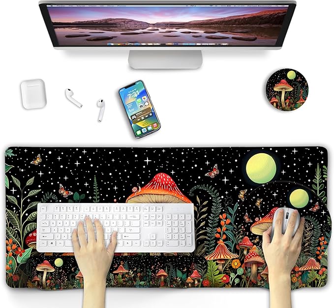 Blusabaca Mushroom Mouse Pad, Funny Cute Desk Mat Large Gaming Mouse Pad with Wrist Rest, Keyboard Pad Wrist Rest Ergonomic, Cup Coaster, Work Home Desk Accessories Office Supplies
