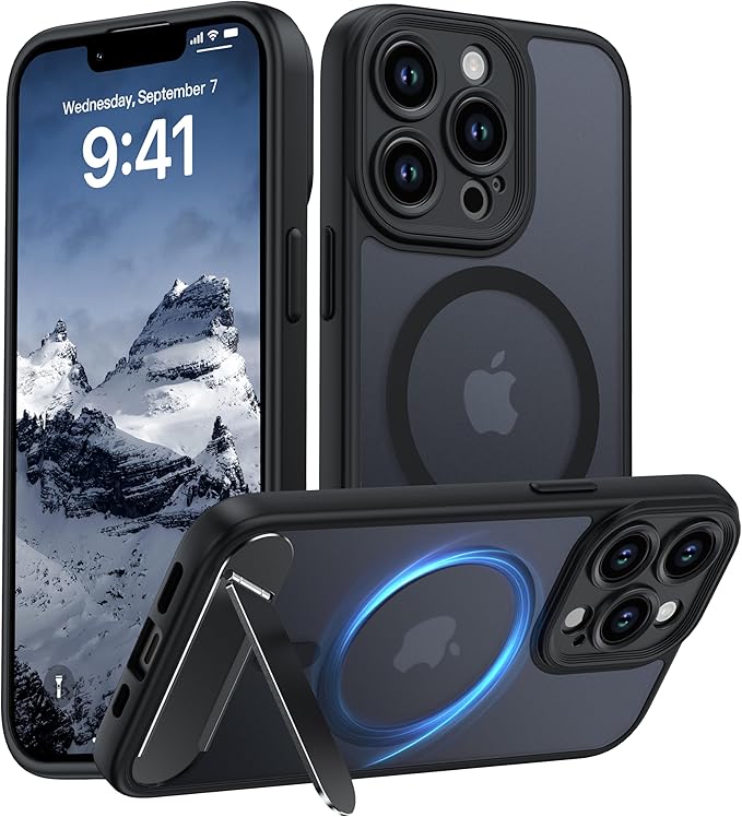 Magnetic Compatible with iPhone 13 Pro Case, [Built-in Invisible Kickstand][Compatible with MagSafe] Translucent Matte Phone Case for iPhone 13 Pro 6.1", Black
