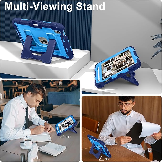 Kids Friendly Case for Apple iPad mini 7 A17 Pro 2024/iPad Mini 6 2021 8.3 Inch 7th/6th Gen Case with Pencil Holder & Shoulder Strap, Shockproof Kickstand Hard Shell Protective Cover,Blue