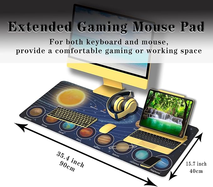 Biggest Mouse Pad - Yellow Pc Desk Mat, 900X400mm Waterproof Non-Slip Rubber Base, 35.4" X 15.7" for Work, Game, Office Galaxy Solar System Planets