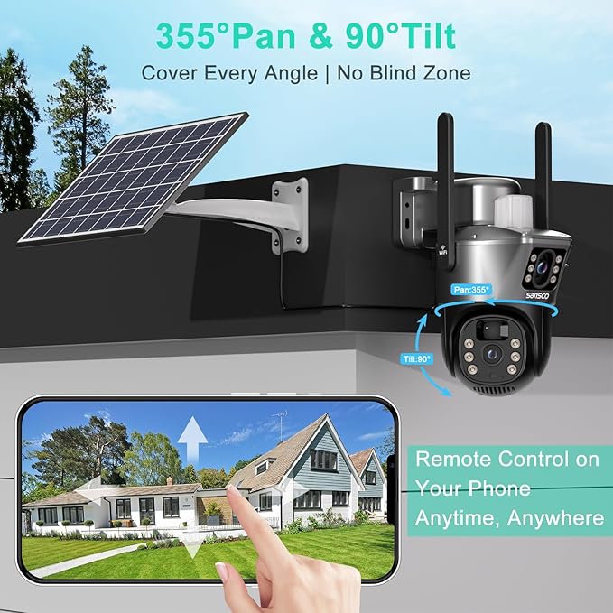 SANSCO 2K Dual Lens Solar Security Camera Wireless Outdoor, No Wires Needed, 2.4G & 5G WiFi, 360° PTZ Home Security Camera, Spotlight Color Night Vision, 2-Way Audio, PIR Motion Detection, APP Alerts