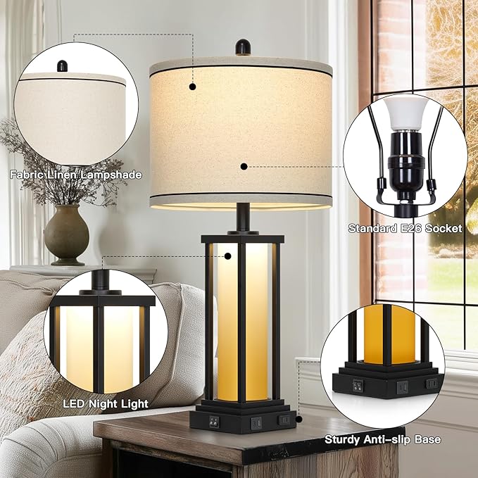 27in Tall Farmhouse Table Lamp Set of 2 with USB C+A & Outlet,Orange Industrial End Table Lamp for Living Room,Vintage Rustic Bedside Lamps with Night Light for Bedroom Nightstand
