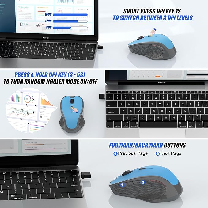 Wireless Bluetooth Mouse for iPad Pro MacBook, Ergonomic Rechargeable Mice with Jiggler Mode, 2-Mode Bluetooth 5.2/3.0 & 2.4G USB-A/USB-C Receiver, Silent Optical Mouse for Mac PC Laptop, Blue