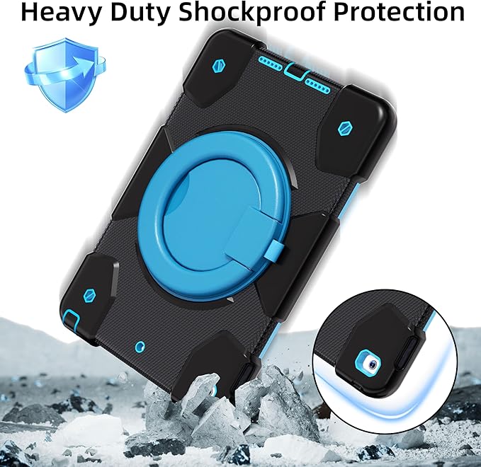 Andnary Case for iPad 9th/8th/7th Generation 10.2 inch, Shockproof Cover with Screen Protector/360° Rotate Stand/Pencil Holder/Shoulder Strap, Kids Case for iPad 2021/2020/2019 (Black+Blue)