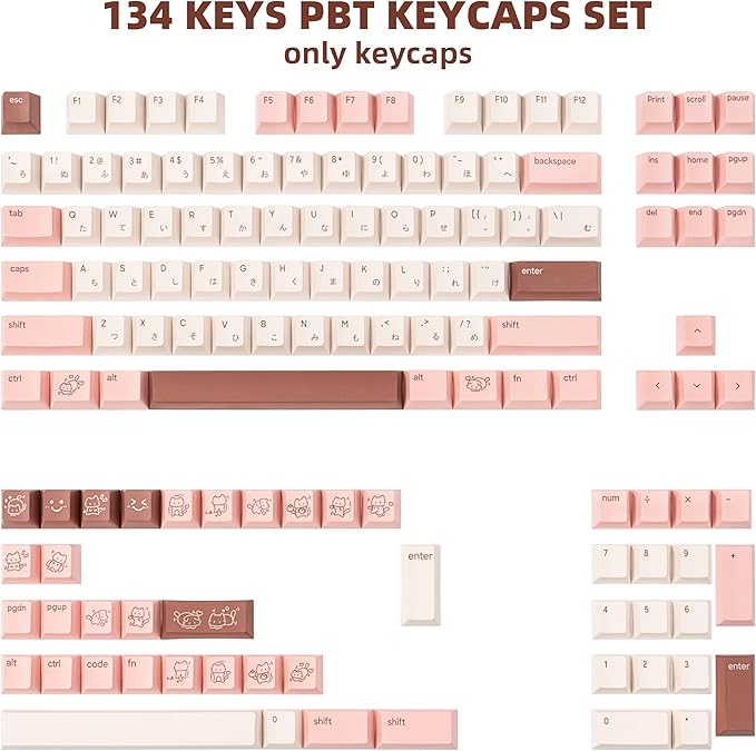 Cute Marshmallow Keycaps 134keys - PBT Cherry Profile Japanese Keycap - Five-Side Dye-Sublimation Pink & Off-White Keycaps Set Compatible with 60% 65% 75% TKL 104/108 Mechanical Keyboards
