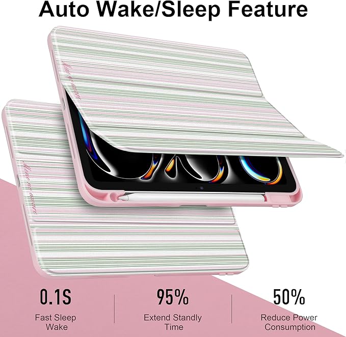 TWOLSKOO Case for iPad Pro 11-inch (M5 2025 / M4 2024), Clear Acrylic Back with TPU Bumper, Pencil Holder, Trifold Stand, Auto Sleep/Wake, Pastel Stripes