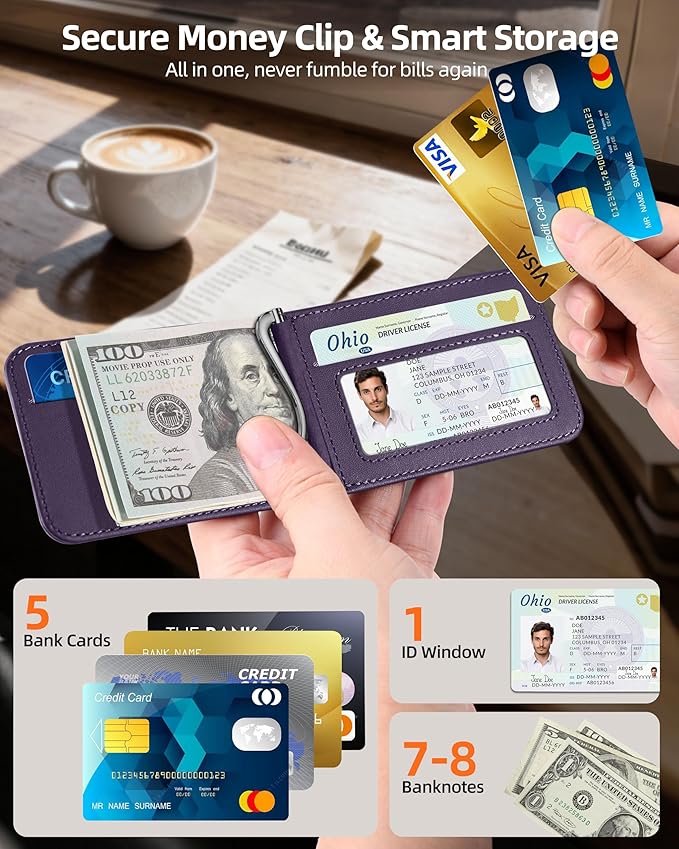For Magsafe Wallet with Money Clip, Strongest Magnetic Wallet for iPhone 17/16/15/14/13/12 Series, Adjustable Stand, ID Window, 5 Card Holder, RFID Blocking, Not for 13/12 Mini, Elegant Purple