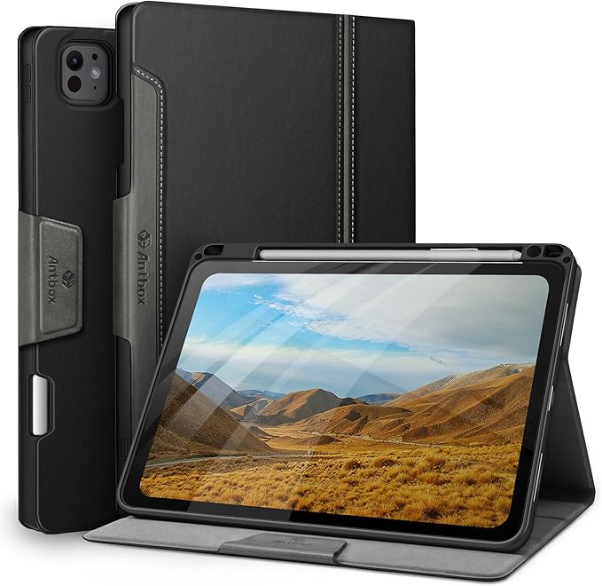 Antbox for iPad Pro 11 Inch Case M5 2025/M4 2024, Built-in Pencil Holder, Fully Supports Pencil Pro/USB-C, Auto Sleep/Wake Function Vegan Leather (Black)