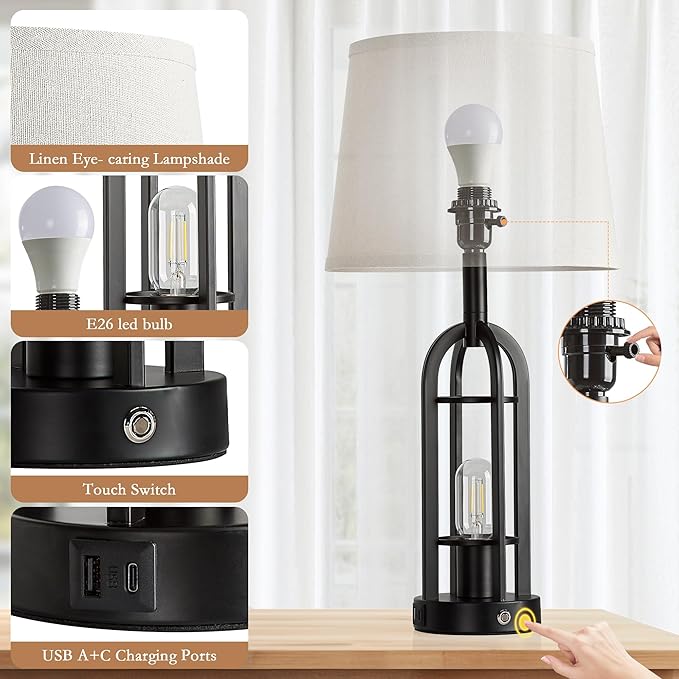 SRJJA 24" Table Lamps for Living Room Set of 2, Farmhouse Industrial 3-Way Dimmable Touch Bedside Lamps with USB A+C for Bedroom Nightstand，4 Bulbs Included