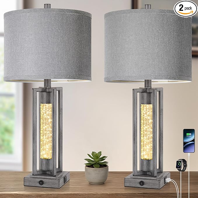 TOBUSA 26’’ Farmhouse Table Lamps for Living Room Set of 2, Modern Nightstand Lamps with Crystal Night Light & 2 USB Ports, Vintage Home Decor Grey Bedside Lamps with Gray Linen Shade for Bedroom
