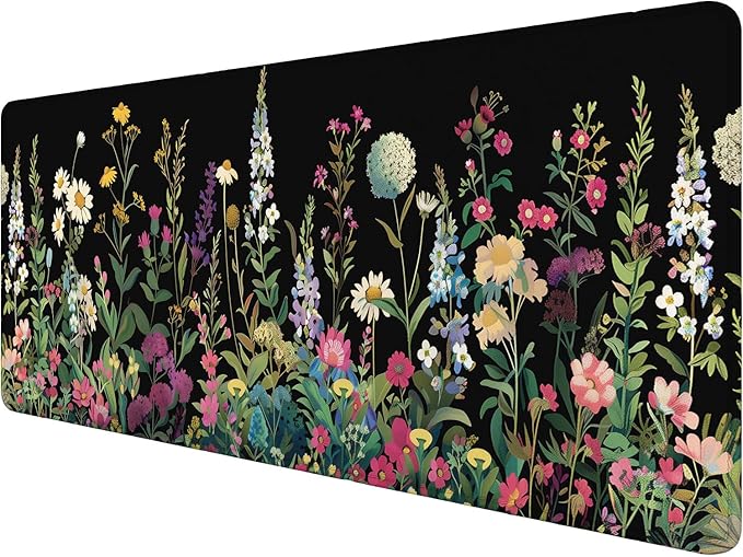 Floral Desk Mat Cute Plant Wildflowers Flowers Large Gaming Mouse Mat with Stitched Edges,Non-Slip Waterproof Rubber Base Mous Mat 31.5"x11.8" Office Computer Keyboard Laptop Home