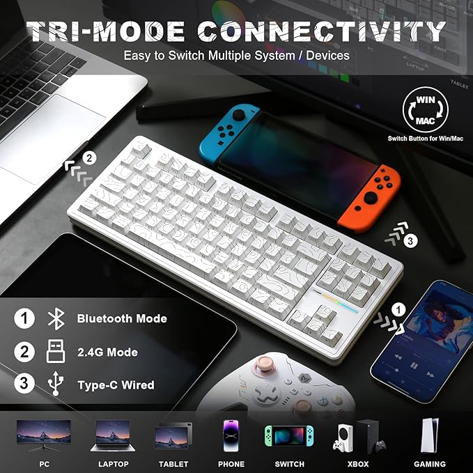 YUNZII YZ87 Gasket Mechanical Keyboard,TKL Wireless Hot Swappable with 5-Layer Padding, BT5.0/2.4G/USB-C NKRO RGB Backlit for Win/Mac(White Line, Milk Switch)