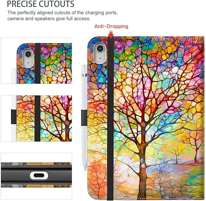 for iPad (A16) 11Th/10Th Generation Case 2025/2022, for iPad Case 11Th/10Th Generation, for iPad 10Th/11Th Gen Cases Pencil Holder/Hand Strap/Pocket/Adjustable Stand, Colorful Tree of Life