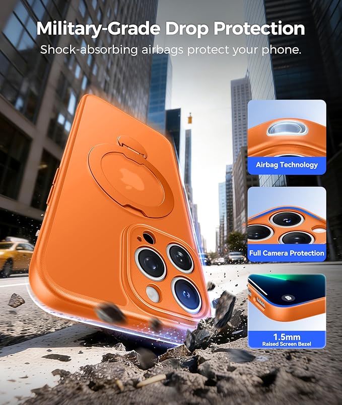 FNTCASE for iPhone 13 Pro-Max Case: [360 Spin Magnetic Stand] [Compatible with Magsafe] [Screen Protector] Translucent Matte Military Grade Shockproof Full Camera Protective Phone Cover - Orange