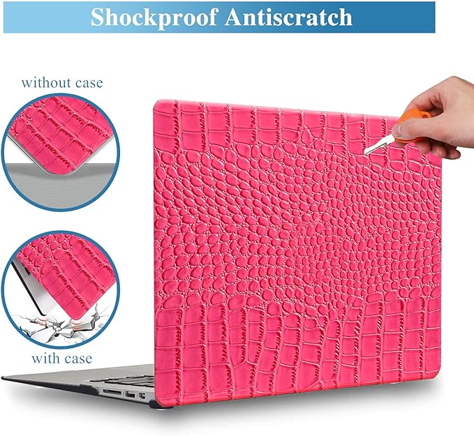 Compatible with Crocodile MacBook Air 13 inch Case 2021 2020 2019 2018 M1 A2337 A2179 A1932, Textured Elegant Luxury Aligator Skin Snakeskin PU Leather Hard Shell & Keyboard Cover, Pink