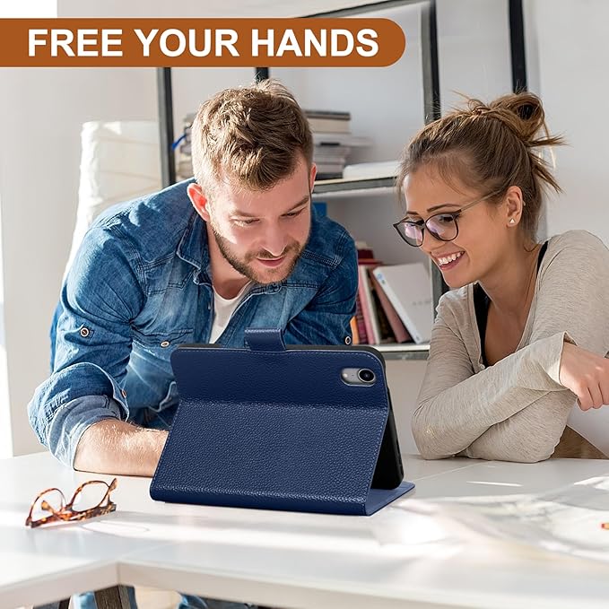 Genuine Leather Case for iPad mini 7th/6th Gen 8.3 Inch 2024/2021 | with Pencil Holder and Adjustable Stand, Magnetic Closure, Auto Wake/Sleep Cover | Blue