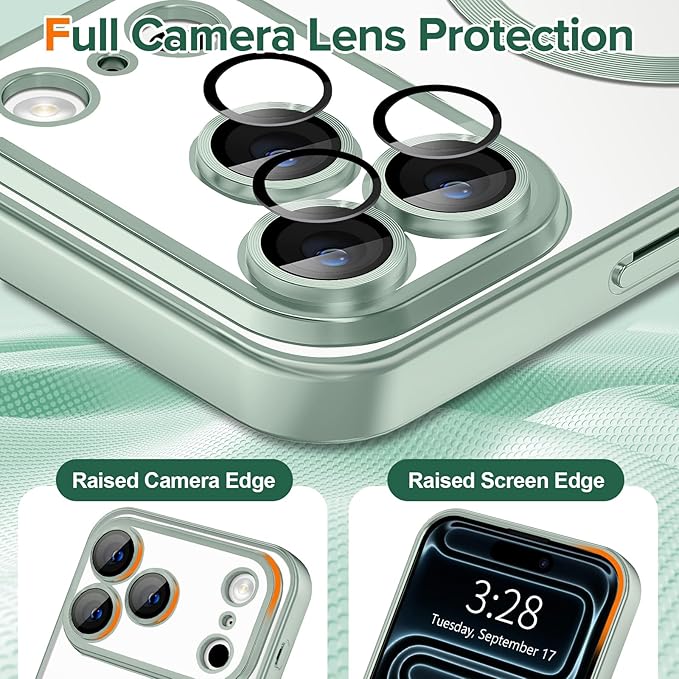 Hython Magnetic Clear for iPhone 17 Pro Max Case with Camera Lens Protector [Compatible with MagSafe] Plating Edge Slim Soft TPU Cover Protective Phone Case for iPhone 17 Pro Max 6.9", Matte Mint