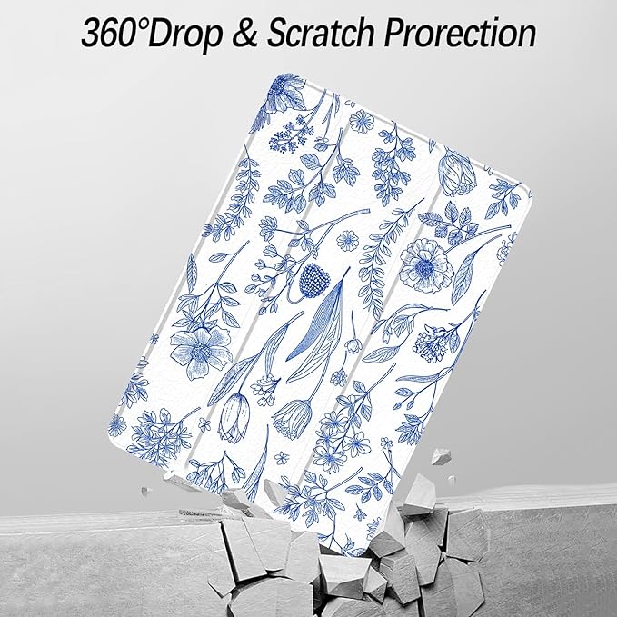Case for iPad Pro 11-Inch M5/M4 2025/2024 (6th/5th Generation), Case with Pencil Holder, Clear Back Cover Cute Cool Design for Women Girls, Auto Sleep/Wake, Blue Flower