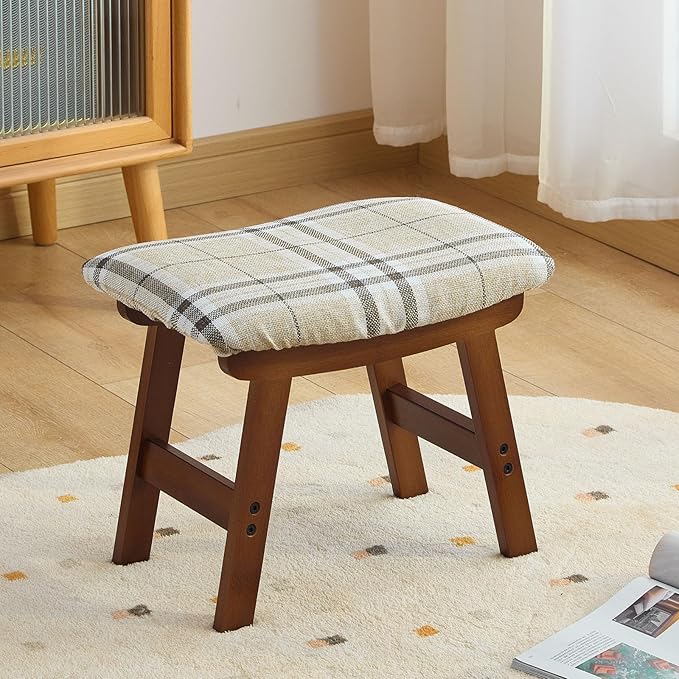 Foot Stool,Under Desk Foot Rest Ottoman, Washable Stool for Office, Living Room, Bedroom (Brown Legs-Stripes Stool Seat)