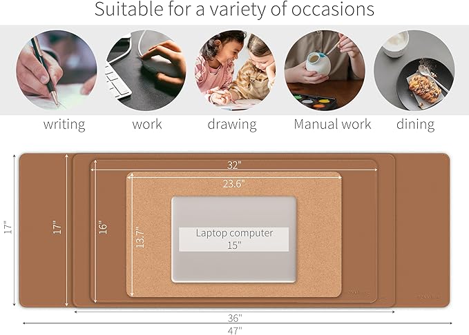 RENMTURE Dual-Sided Mouse Pad, Natural Cork & PU Leather Large Desk Pad for Office and Home Work, Desk Protector Non-Slip, Waterproof, Easy Clean (Brown,47"x17")