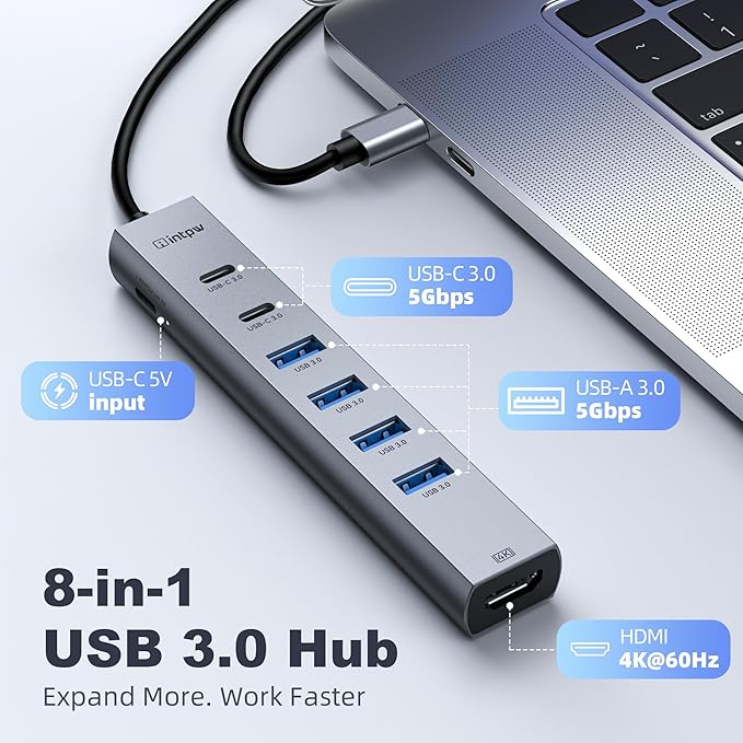USB C Hub HDMI Multiport Adapter USB C to HDMI USBC Hub with HDMI 4K60Hz 8 Ports Aluminum Thunderbolt to USB Hub 3.0 5Gbps Type C Hub Extender for Laptop Mac iPad PC Surface(8 Ports)