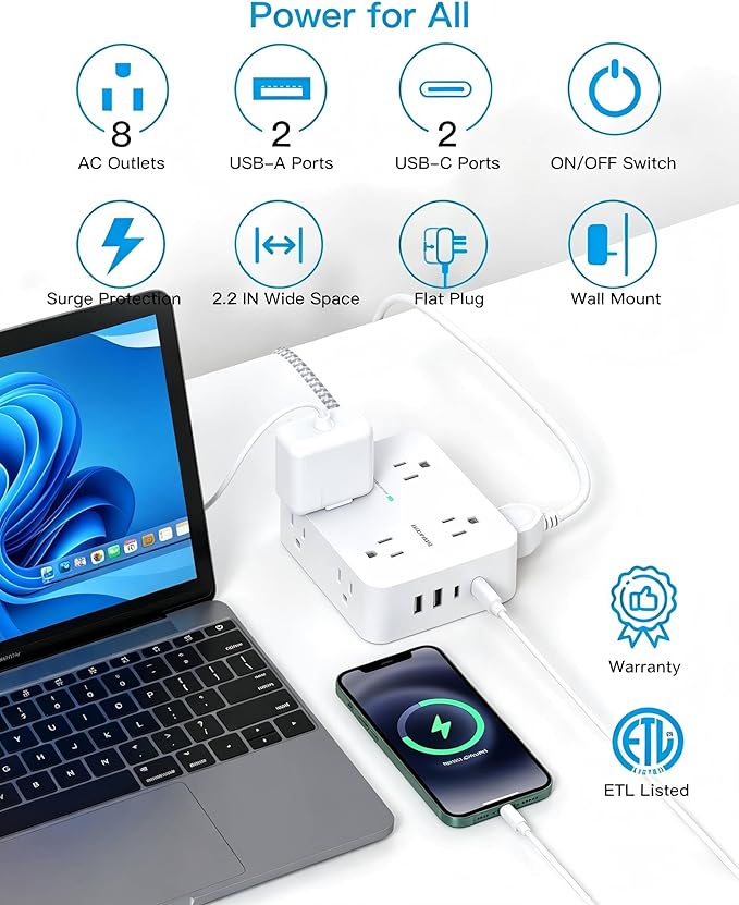 HANYCONY 5 Ft Braided Extension Cord with Ultra-Thin Flat Plug, 8 Widely Spaced Outlets and 4 USB Ports (2 USB C), 1080J Surge Protector Power Strip, Small Desktop Charging Station for Dorm Room
