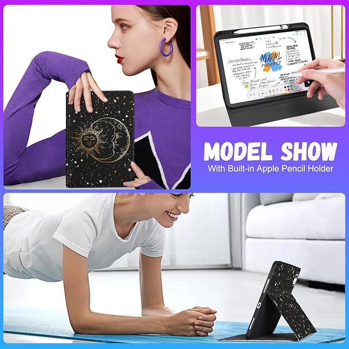 Uppuppy for iPad Pro 13 Inch Case 2024 - Women Girls Cute Folio Smart Cover with Pencil Holder Sun Moon Star Black Girly Pretty Unique for iPad Pro M4 13 Inch Cases A2925 A2926 A3007