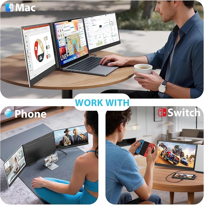 15.6'' Laptop Triple Screen Extender One Cable Connection, 1080P FHD IPS Portable Dual Monitor with Speaker, Ultra-Slim Travel Monitor for 13-17.3" Laptops, Compatible with MacOS, Windows, Android