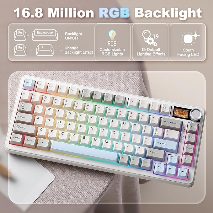 YUNZII B75 PRO MAX QMK/VIA Wireless Mechanical Keyboard,75% Layout with Screen and Knob,Custom Hot Swap Gasket,Creamy Pre-lubed Switches,Bluetooth/Type-C/2.4G for Win/Mac (Beige,Candy Switch)