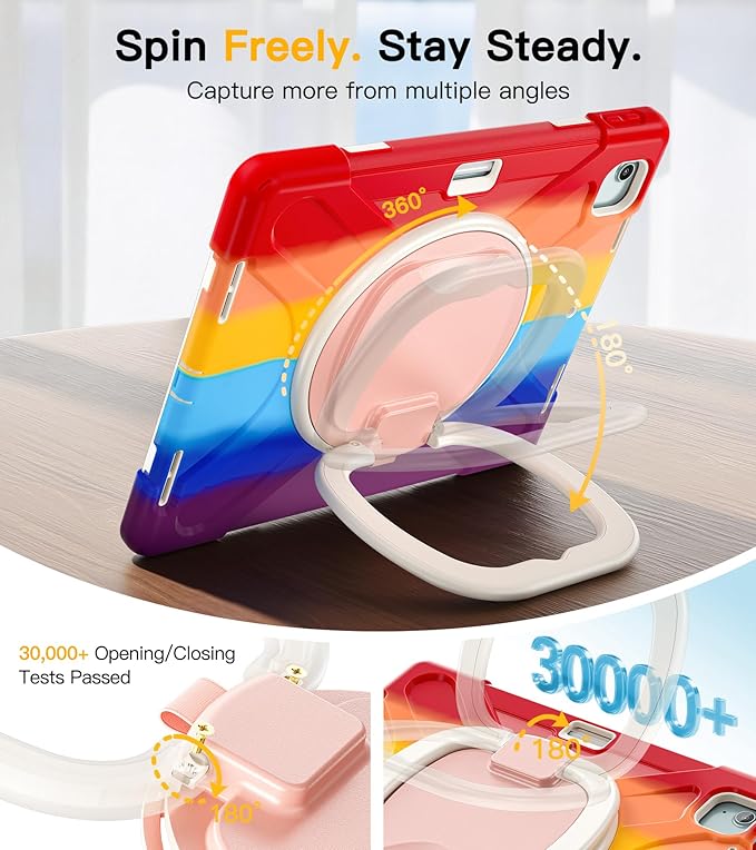 BRAECN for iPad Air 13 Case M4 2026/M3 2025/M2 2024, iPad Pro 12.9 (6th/5th/4th/3rd Gen), Heavy Duty Shockproof Cover with Pencil Holder, Rotating Handle Grip, Kickstand, Shoulder Strap, Colorful Red