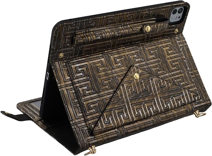 Handbag Case for iPad Pro 12.9" 2018-2022 & iPad Air 13-inch 2024-2025 - Techcircle Vintage Maze Pattern Crossbody Folio Stand Case with Pencil/Card Holder, Hand Grip/Shoulder Strap, Retro Bronze