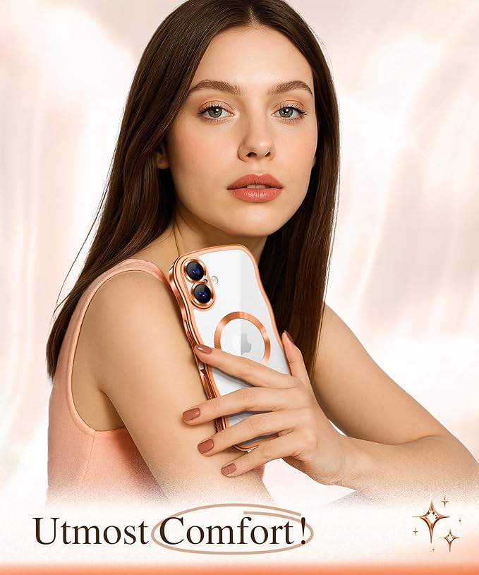 GVIEWIN for iPhone 17 Case Compatible with MagSafe, Upgraded [Full Camera Protection][Cute Wave Frame][Military Grade Protection] Electroplated Hard Phone Cover for Women Girl, Clear/Orange