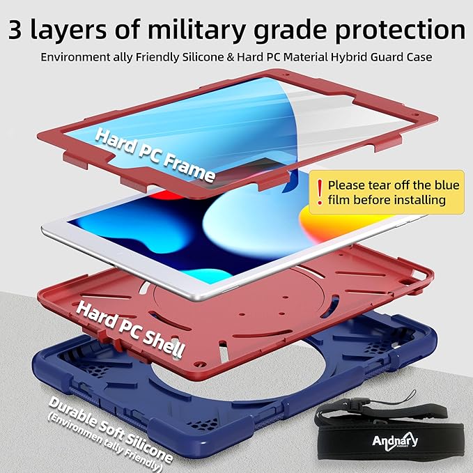 Andnary Case for iPad 9th/8th/7th Generation 10.2 inch, Shockproof Cover with Screen Protector/360° Rotate Stand/Pencil Holder/Shoulder Strap, Kids Case for iPad 2021/2020/2019 (Navy+Red)