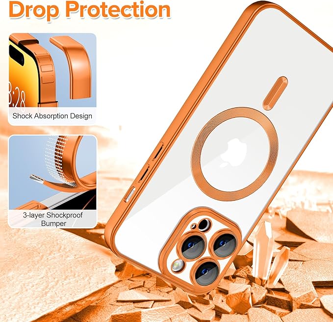 Hython Magnetic Clear for iPhone 14 Pro Max Case with Camera Lens Protector [Compatible with MagSafe] Plating Edge Slim Soft TPU Cover Protective Phone Case for iPhone 14 Pro Max 6.7", Matte Orange