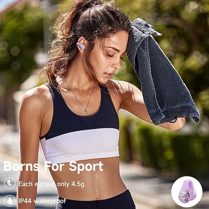 aigo Open Ear Earbuds, Wireless Bluetooth Earphone, Clip on Headphones, Over The Ear Earbuds for Fitness Running Gym Workouts, Built-in Mic, Wireless Charging, Purple Headset