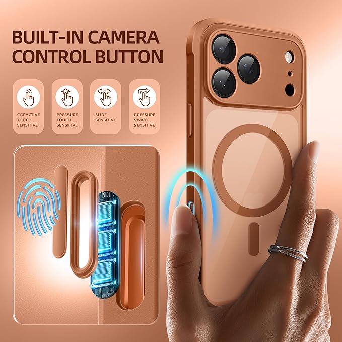 BERFY for iPhone 17 Pro Case, Compatible with MagSafe, Built-in Privacy Screen Protector, Camera Protection, Shockproof Full Body Phone Case 6.3", Clear Dark Orange
