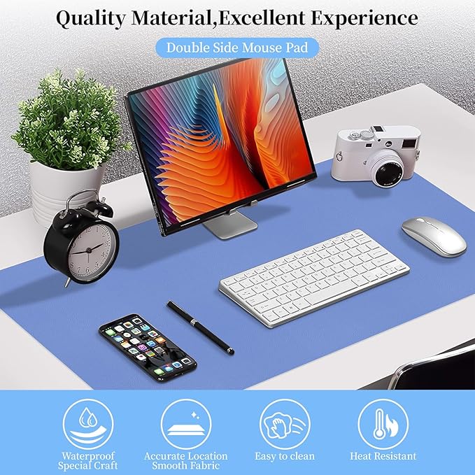 Bloss Blue Leather Desk Mat Protector,Leather Mouse Pad,Laptop Protector Desks Mat,Office Desks Mats,Keyboard Desks Mats,Computer Mat,Dual-Side Waterproof Desk Writing Pad for Office/Home.31.5"x 15.7"
