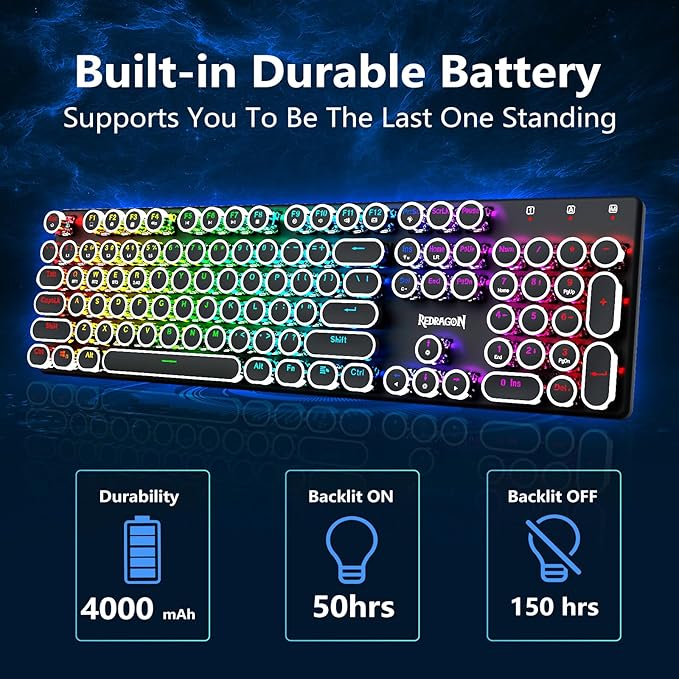 Redragon Wireless Typewriter Style Mechanical Gaming Keyboard, Bluetooth/2.4Ghz/Wired, RGB Backlit, Rechargeable, Blue Switch - Clicky, Metal Panel, Round Keycaps, Black