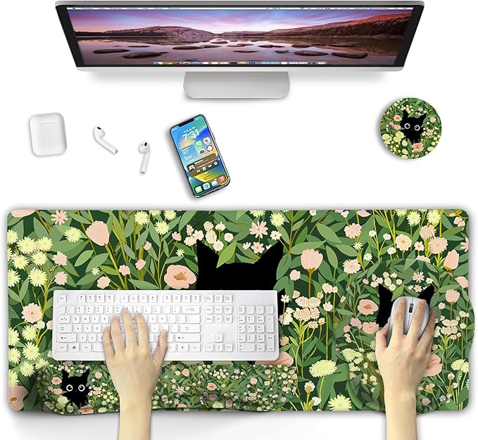 Blusabaca Black Cat Mouse Pad Desk Mat, Large Gaming Mouse Pad with Wrist Rest, Keyboard Pad Wrist Rest, Cup Coaster, Work Home Desk Accessories