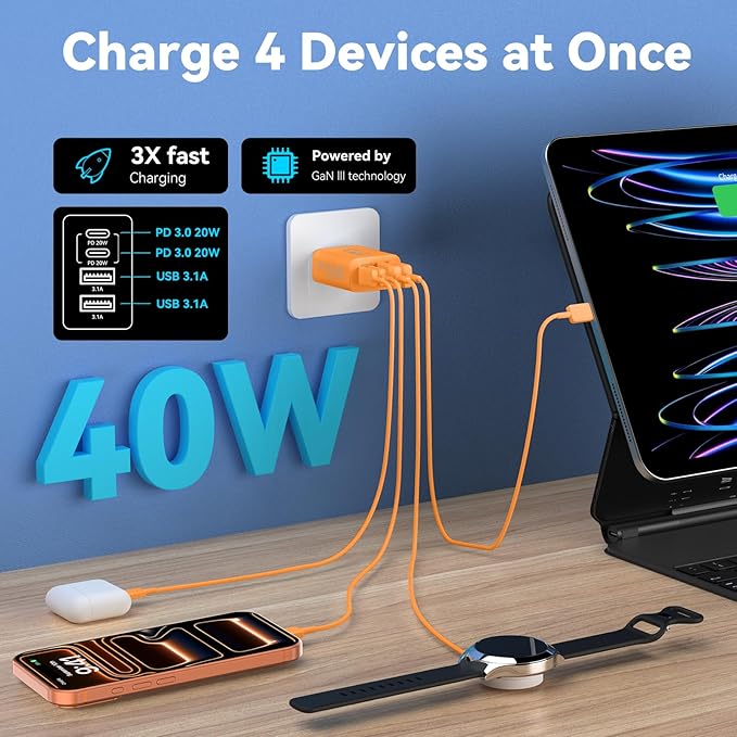 USB C Charger Block, 40W 4 Ports Type C Fast Phone Charging Blocks Cube PD USBC Wall Plug+QC 3.0 USB A Charger Brick Box Power for iPhone 17/16/15/14/13/12 Pro Max, iPad, Galaxy, Pixel, Orange