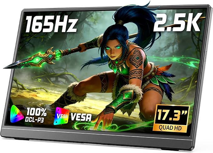 VILVA 17.3'' Portable Monitor 2.5K QHD 165Hz Gaming Display, Ultra-Slim Metal Body, Built-in Stand, USB-C HDMI External Monitor for Laptop, PC, PS5, Xbox, Switch