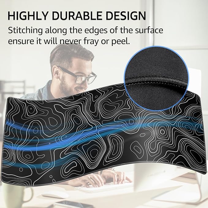 KTRIO Large Gaming Mouse Pad Desk Mat, Superior Micro-Weave Cloth, Non-Slip Rubber Base, Stitched Edges, Water-Resistant, for Gamer, Office & Home, 31.5 x 15.7 Inch，Black Topographic