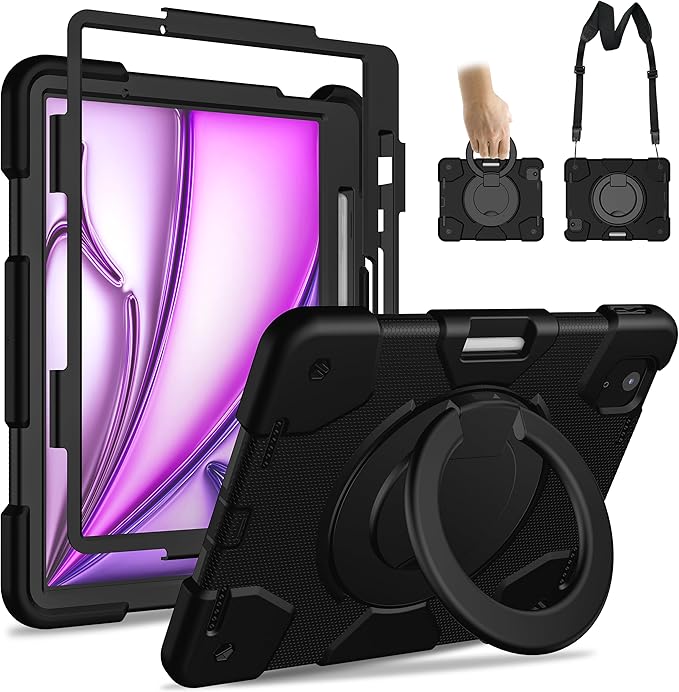 Andnary Case for iPad Air 11 inch Case M4/M3/M2 (2026/2025/2024), Heavy Duty Shockproof Cover with Screen Protector, 360° Rotating Stand, Pencil Holder, Shoulder Strap (Black)