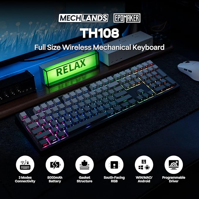 MechLands EPOMAKER TH108 Full Size Mechanical Keyboard, Wireless Gaming Keyboard, 8000mAh Battery, Creamy Gasket, 108 Keys, Hot Swap, Custom Driver, RGB Backlights (Black, Creamy Jade Switch)
