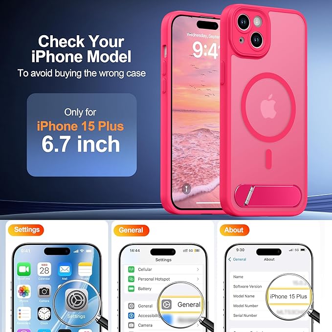 Magnetic Compatible with iPhone 15 Plus Case, [Built-in Kickstand][Full Camera Protection][Compatible with MagSafe][Anti-Fingerprint] Shockproof Phone Case for iPhone 15 Plus 6.7",HotPink