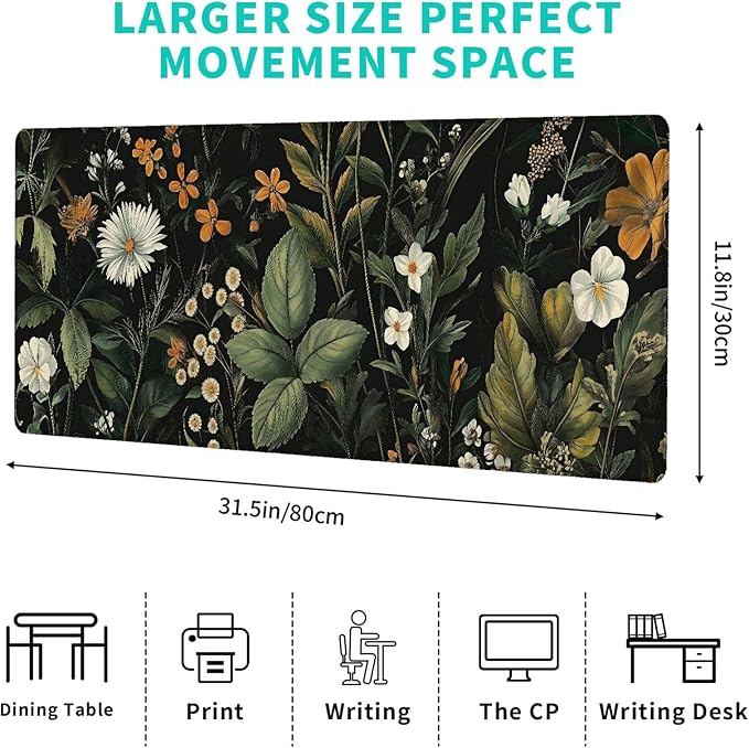 Dark Botanical Wildflower Gaming Mouse Pad – 12x31.5in Non-Slip Rubber Desk Mat with Vintage Floral Design – Large Extended Mousepad for Office Home – Deskmat Gifts for Nature Art Lovers Decor