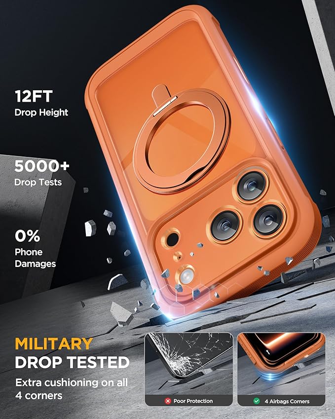 Miracase for iPhone 17 Pro Max Case with 360° Magnetic Ring Stand [Compatible with Magsafe] Full-Body Drop Proof Bumper Phone Case with Built-in 10H Tempered Glass Screen Protector,Orange